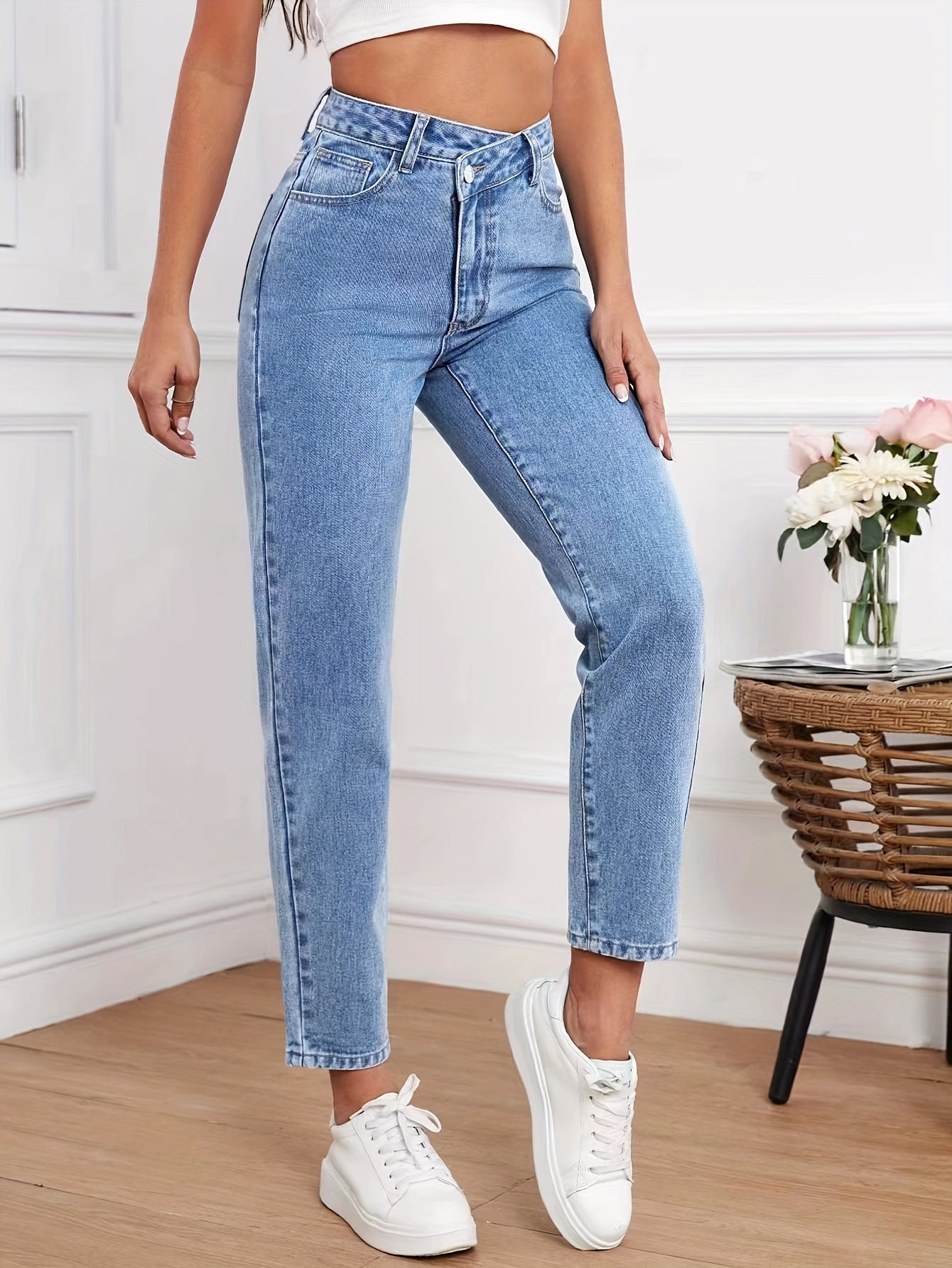 vlovelaw  Overlap Leisure Tapered Jeans, Slash Pocket Trendy Loose Denim Pants, Women's Denim Jeans & Clothing