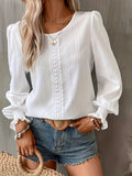 Contrast Lace Solid Blouse, Elegant Crew Neck Lantern Sleeve Blouse, Women's Clothing