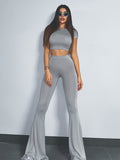 vlovelaw  Casual Solid Two-piece Set, Crop Short Sleeve Top & Wide Leg Slim Pants Outfits, Women's Clothing