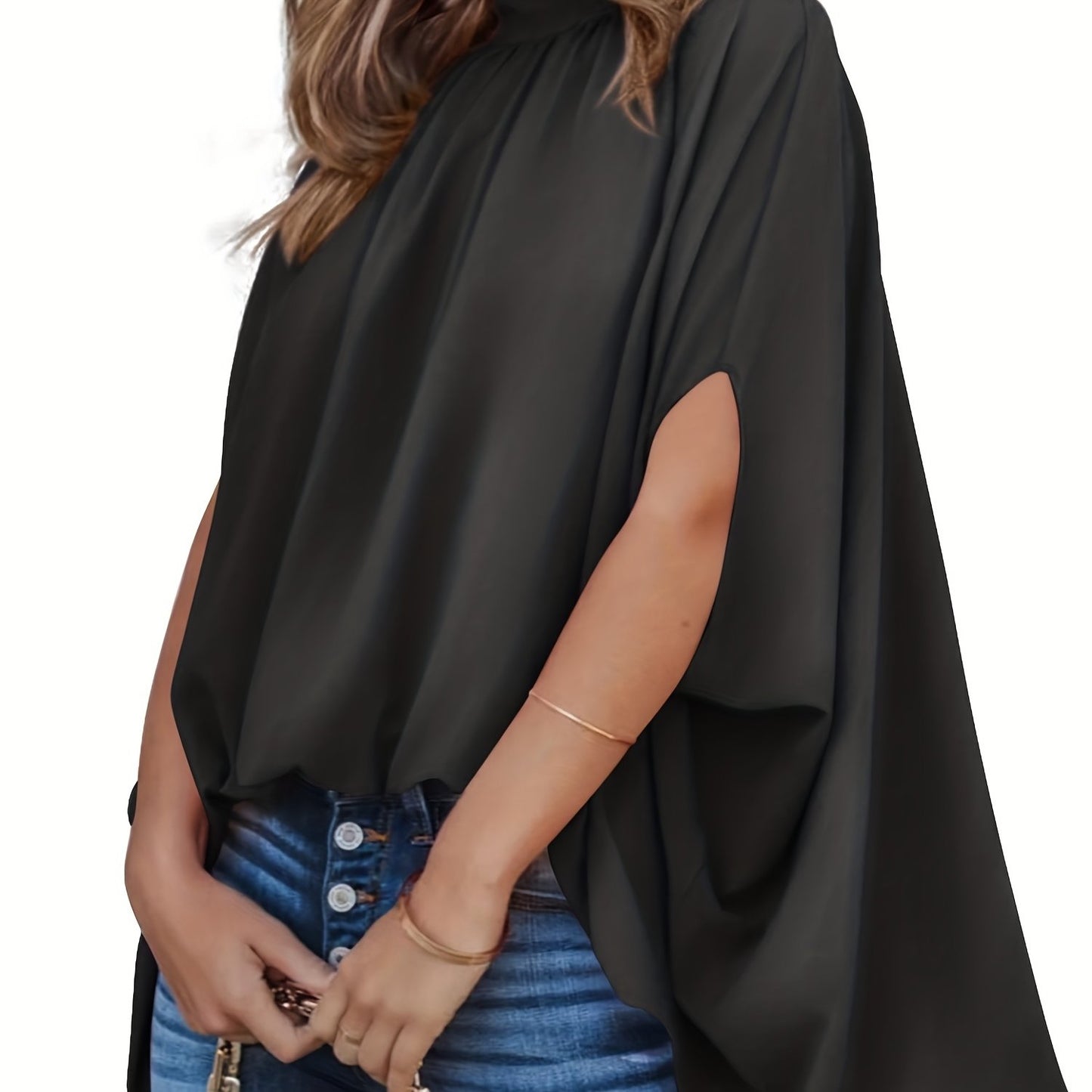 vlovelaw Solid Batwing Sleeve Blouse, Casual Ruched High Collar Loose Blouse, Women's Clothing