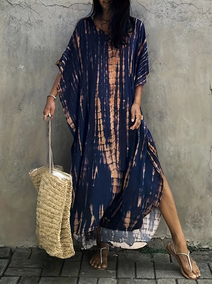 vlovelaw  V Neck Oversized Kaftan Dress, Bohemian Loose Beach Vacation Dress, Women's Clothing