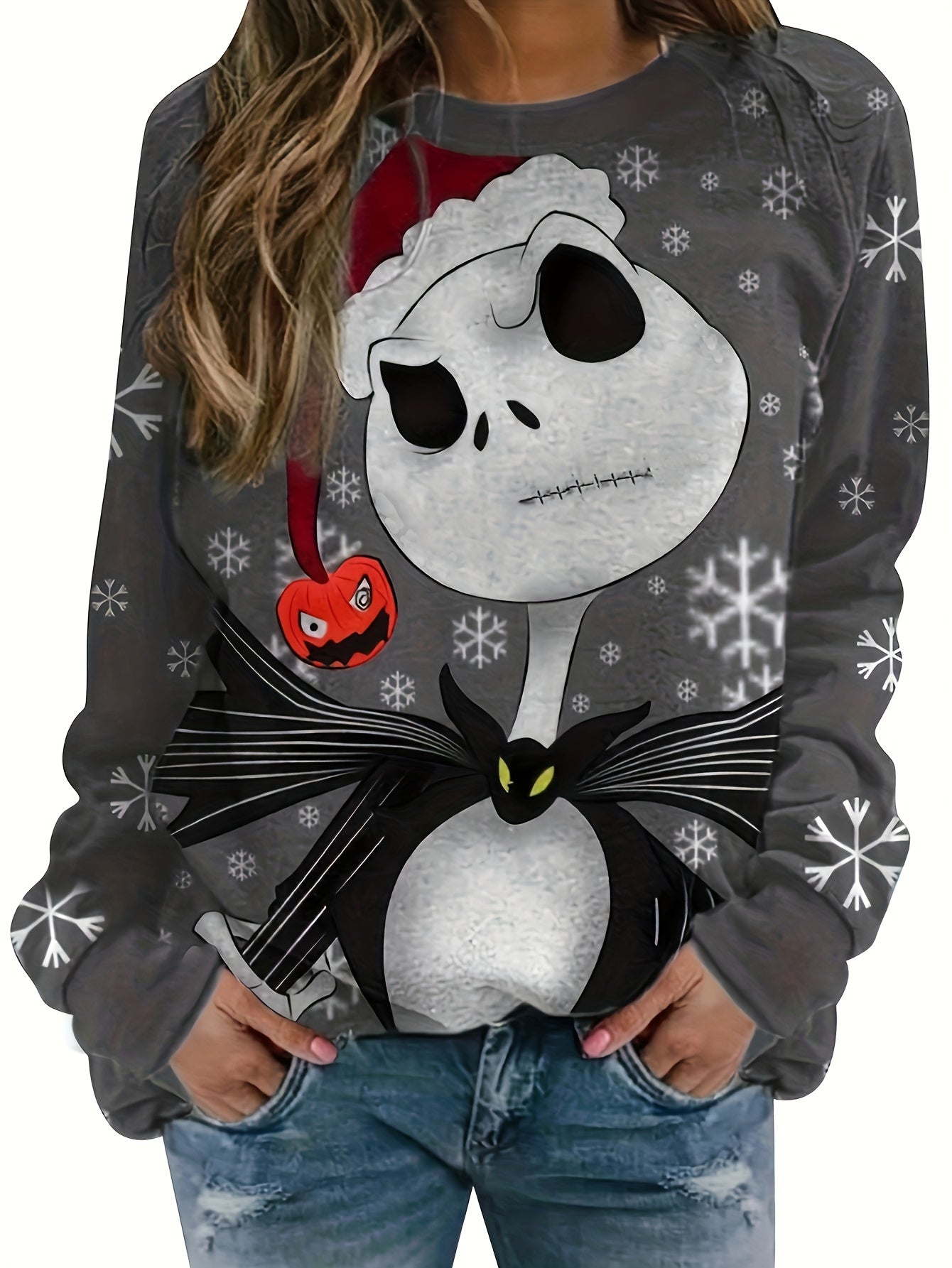 Plus Size Christmas Casual T-shirt, Women's Plus Cartoon Print Long Sleeve Round Neck Slight Stretch T-shirt