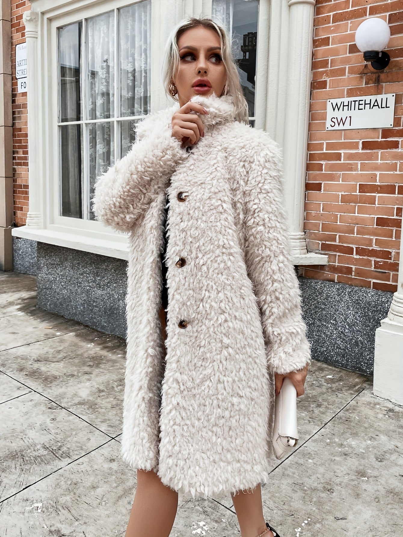 vlovelaw  Button Front Lapel Fuzzy Coat, Elegant Thermal Long Sleeve Coat For Fall & Winter, Women's Clothing