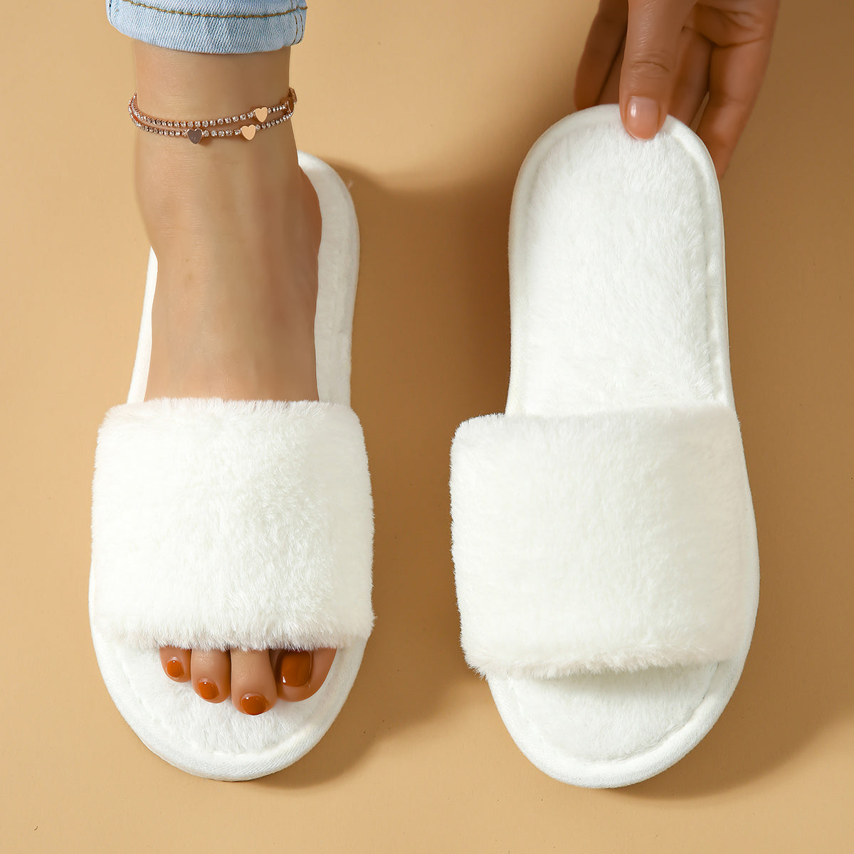 Winter Plush Open Toe Slippers, Solid Color Cozy & Warm Slip On Shoes, Comfy Indoor Floor Slippers