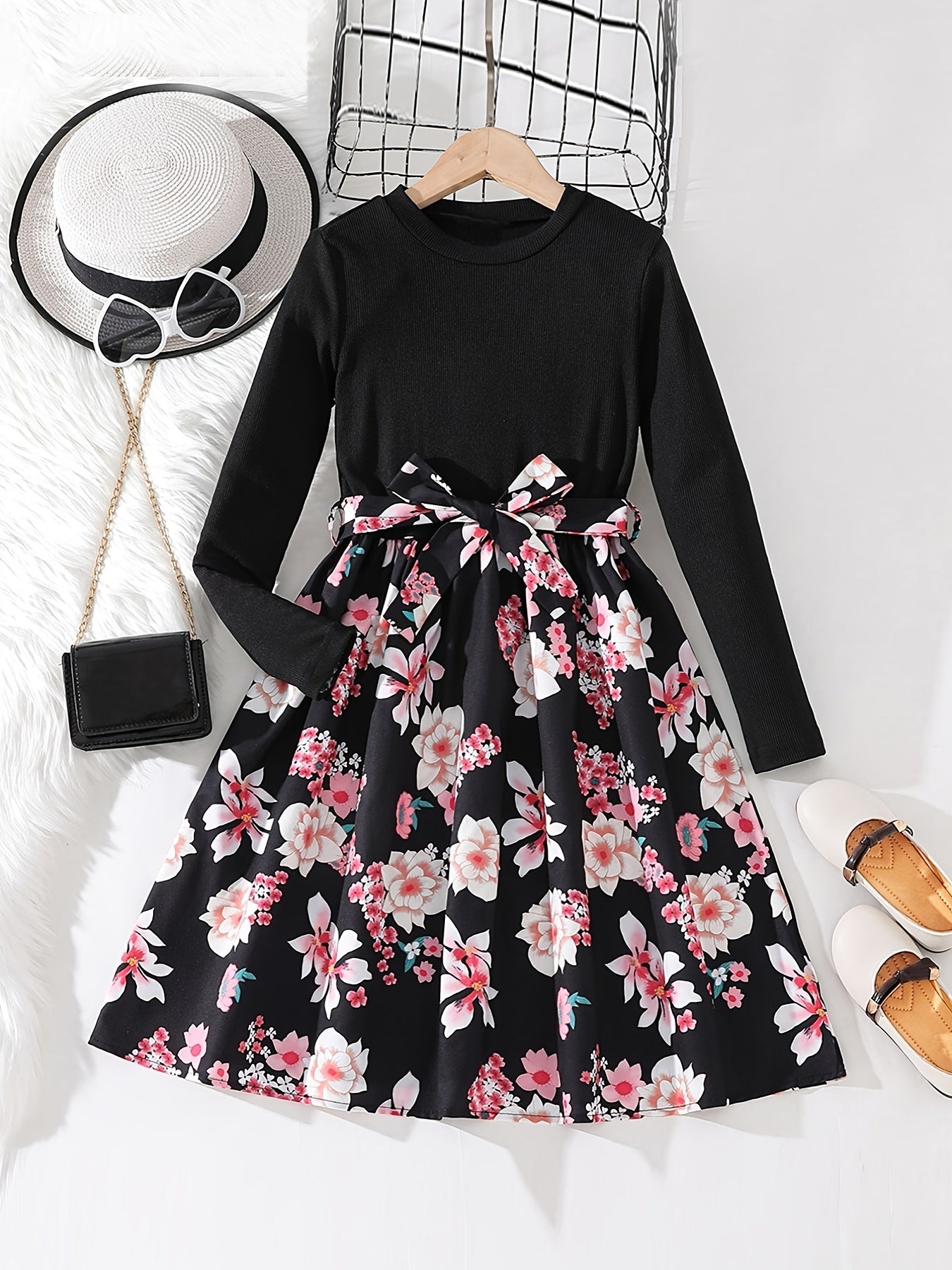 vlovelaw  Girls Long Sleeves Round Neck Flowers Splicing Belted Dress For Party Kids Spring Clothes