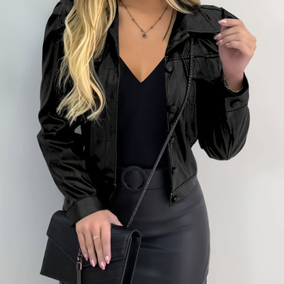 vlovelaw  Leather Lapel Solid Jacket, Casual Button Front Long Sleeve Outerwear, Women's Clothing