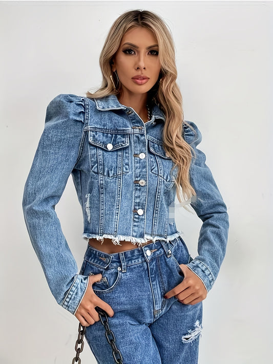 Blue Puff Long Sleeves Denim Jackets, Raw Hem Washed Cropped Lapel Denim Coats, Women's Denim Clothing