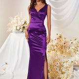 Solid V Neck Dress, Elegant Sleeveless Split Bodycon Dress For Party & Banquet, Women's Clothing