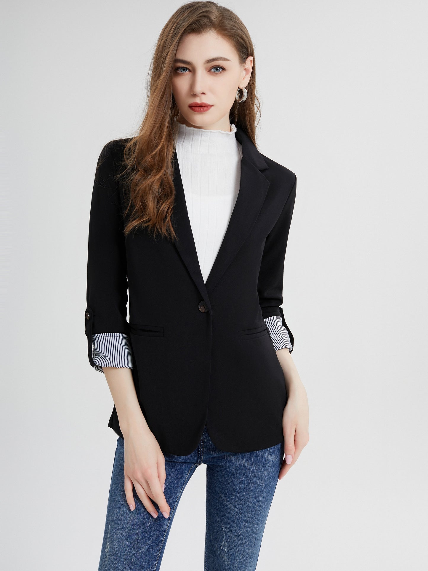 vlovelaw  V-neck Pocket Basic Blazer Coat, Casual Long Sleeve Fashion Loose Blazer Outerwear, Women's Clothing