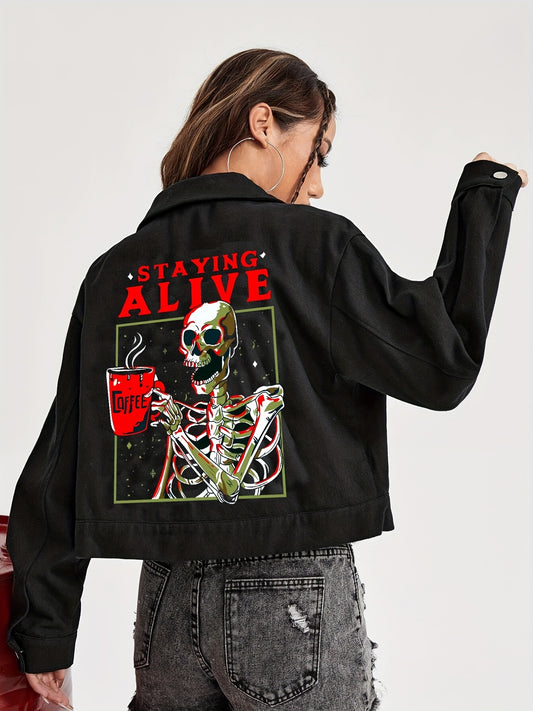 Halloween Skeleton Pattern Denim Coat, Long Sleeves Lapel Denim Jacket, Women's Denim Clothing