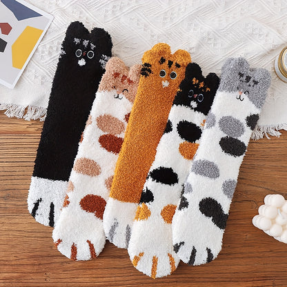 A Pair Of Girl's Cat Paw Pattern Embroidered Crew Socks, Comfy Breathable Casual Fleece Thermal Socks, Winter & Autumn