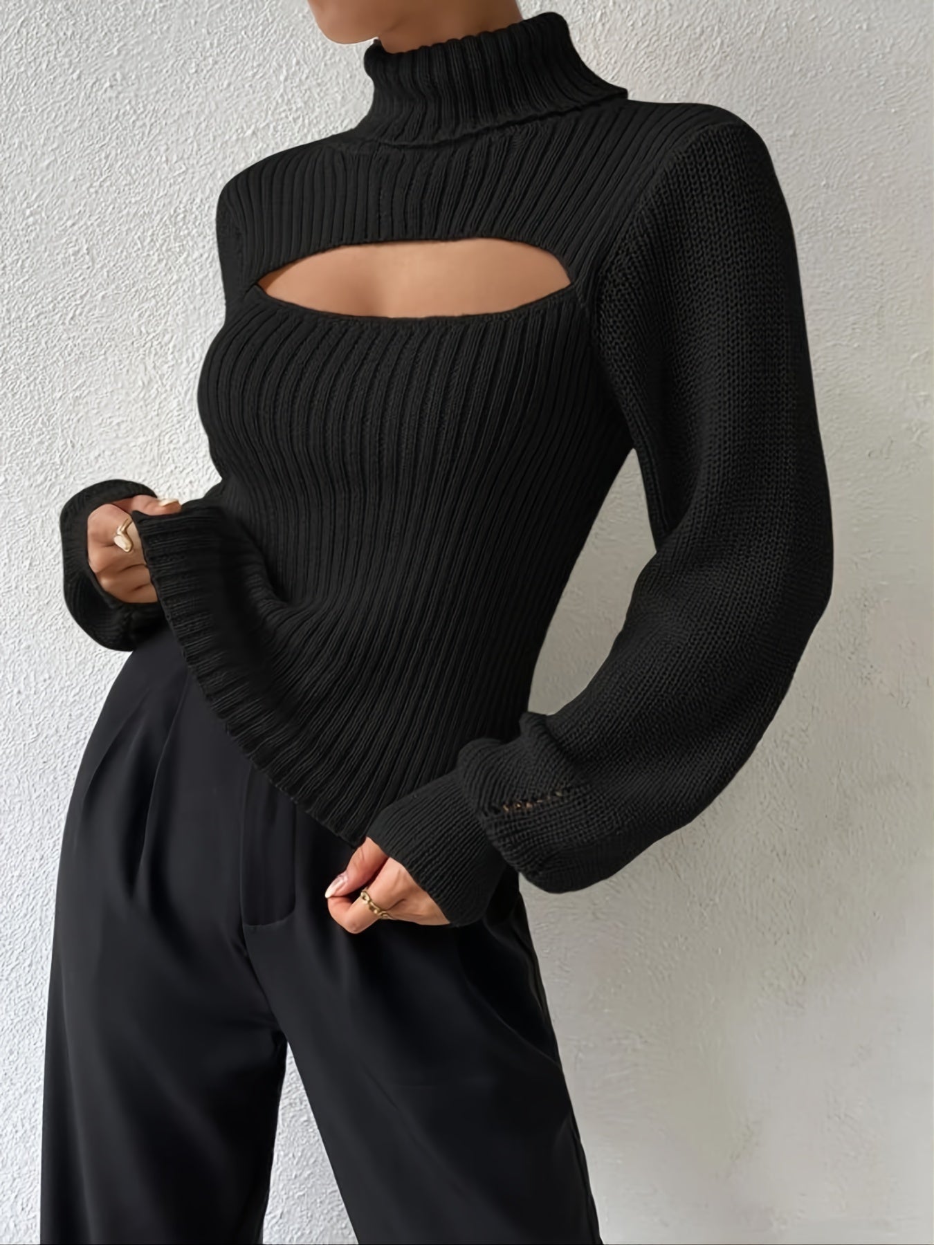 vlovelaw Solid Turtleneck Cut Out Pullover Sweater, Casual Long Sleeve Sweater For Spring & Fall, Women's Clothing