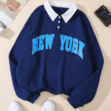 Letter Print Polo Collar Sweatshirt, Casual Long Sleeve Sweatshirt For Spring & Fall, Women's Clothing