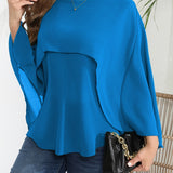 vlovelaw  Plus Size Elegant Blouse, Women's Plus Solid Layered Mesh Batwing Sleeve Round Neck Shirt Top