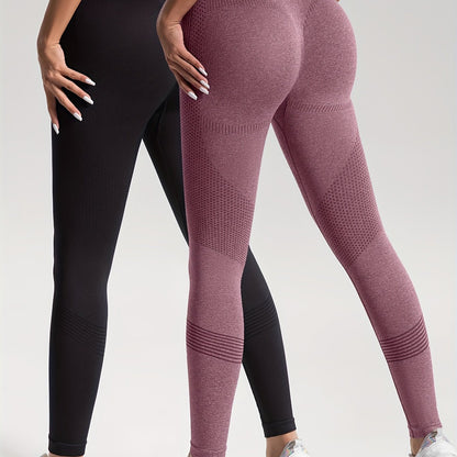 vlovelaw 2pcs Solid Color High-Stretch Fitness Yoga Sports Leggings, Soft Breathable Yoga Tight Pants, Women's Activewear