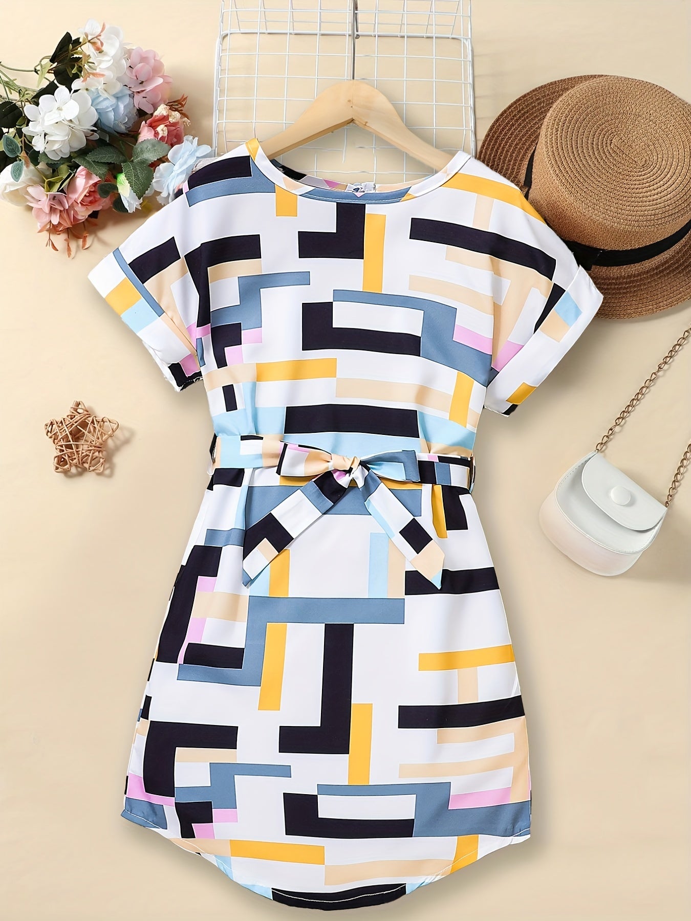 vlovelaw  Girls Geometric Graphics Batwing Sleeve Curved Hem Casual Belted Dress Kids Summer Clothes