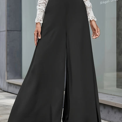 vlovelaw  Solid High Waist Wide Leg Pants, Casual Floor Length Slant Pocket Pants, Women's Clothing