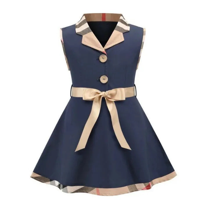 British Style Summer Baby Girls Princess Dress Kids Trun-Down Collar Sleeveless Dresses Children Cotton Casual Skirts Girl Vest Skirt With Bowtie