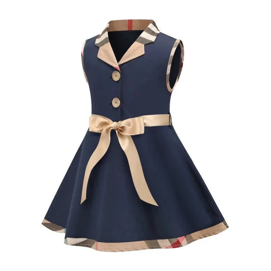 British Style Summer Baby Girls Princess Dress Kids Trun-Down Collar Sleeveless Dresses Children Cotton Casual Skirts Girl Vest Skirt With Bowtie