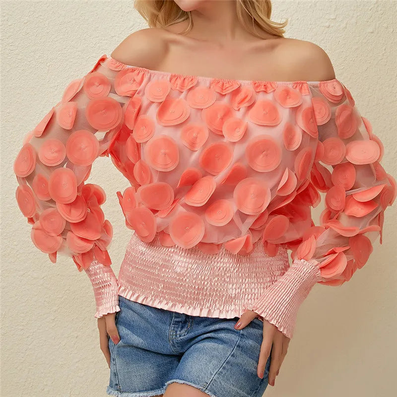 Sexy Off Shoulder Womens Tops And Blouses Mesh Sheer Puff Sleeve Tops Summer 3D Flower Vintage White Women Shirt Blouse 210308