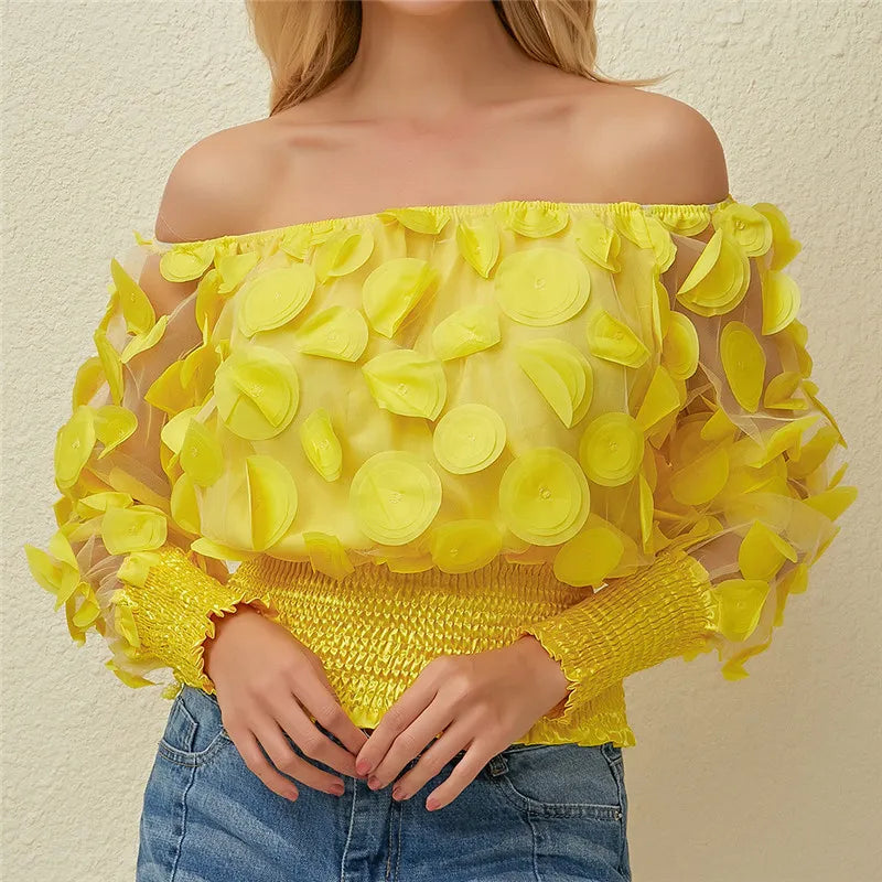 Sexy Off Shoulder Womens Tops And Blouses Mesh Sheer Puff Sleeve Tops Summer 3D Flower Vintage White Women Shirt Blouse 210308