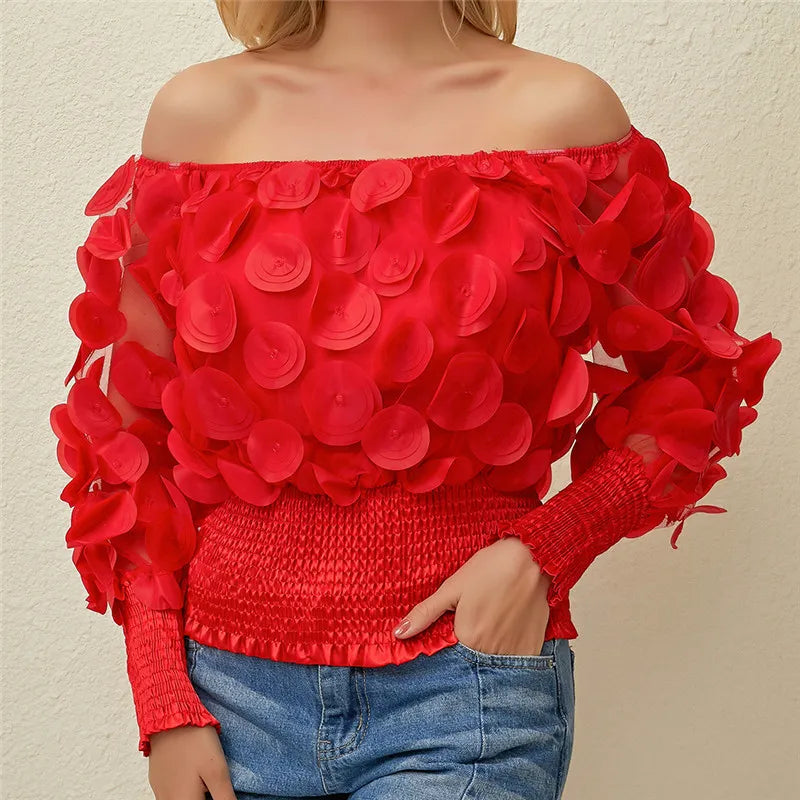 Sexy Off Shoulder Womens Tops And Blouses Mesh Sheer Puff Sleeve Tops Summer 3D Flower Vintage White Women Shirt Blouse 210308