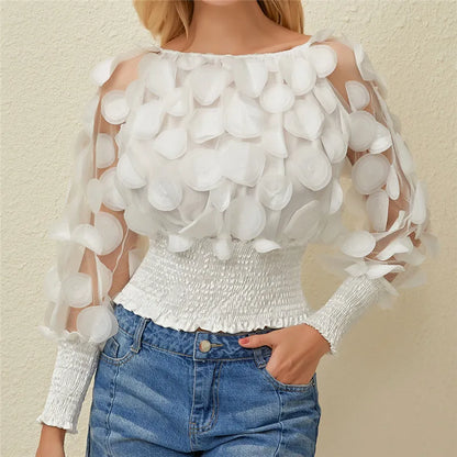 Sexy Off Shoulder Womens Tops And Blouses Mesh Sheer Puff Sleeve Tops Summer 3D Flower Vintage White Women Shirt Blouse 210308