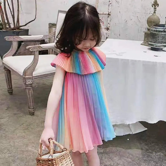 Summer Rainbow Dress Kid Party Dresses Fashion Princess Pleated Dress Maid Girl Costume Cute Kids Belle Clothing