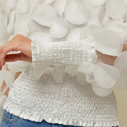 Sexy Off Shoulder Womens Tops And Blouses Mesh Sheer Puff Sleeve Tops Summer 3D Flower Vintage White Women Shirt Blouse 210308