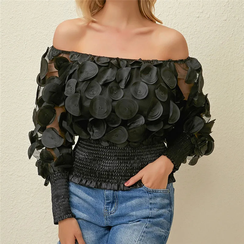 Sexy Off Shoulder Womens Tops And Blouses Mesh Sheer Puff Sleeve Tops Summer 3D Flower Vintage White Women Shirt Blouse 210308