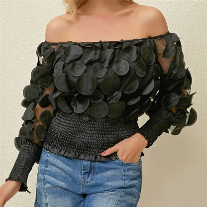 Sexy Off Shoulder Womens Tops And Blouses Mesh Sheer Puff Sleeve Tops Summer 3D Flower Vintage White Women Shirt Blouse 210308