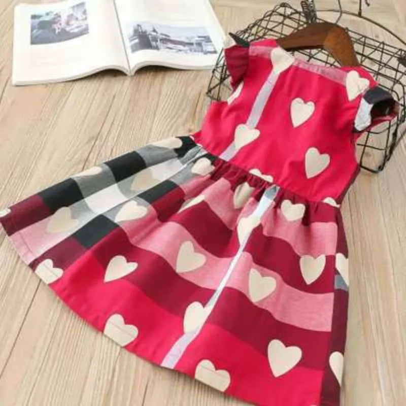 Baby Girls Love Heart Plaid Printing Dress Children Lattice Flying Sleeves Princess Dresses Summer 2018 Boutique Kids Clothes 2 Colors