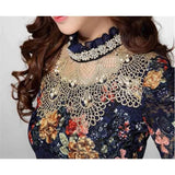 Women Elegant Fashion Lace Casual Women Blouse Diamond Beaded Lace Chiffon Shirt Women Clothes Top 3115 SH190829