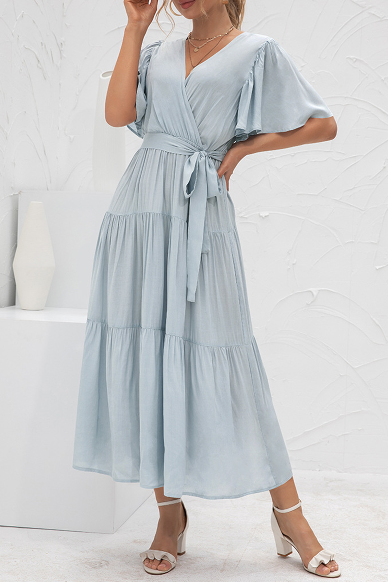 Elegant Solid Split Joint With Belt V Neck Cake Skirt Dresses(4 colors)