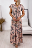 Fashion Elegant Floral Split Joint Flounce V Neck A Line Dresses