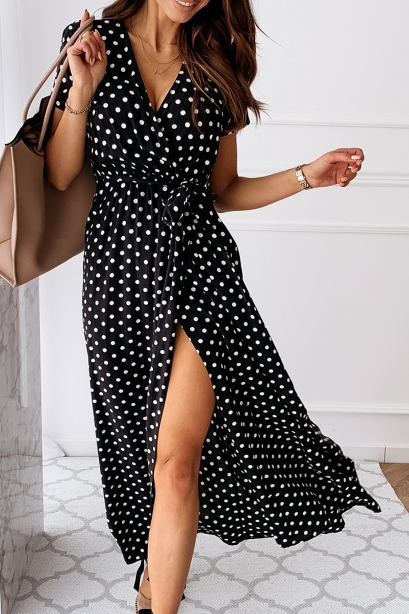 Fashion Elegant Polka Dot Frenulum Slit V Neck A Line Dresses