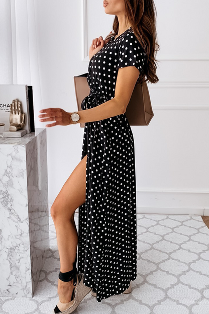 Fashion Elegant Polka Dot Frenulum Slit V Neck A Line Dresses