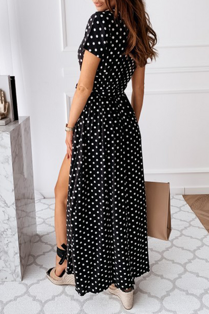 Fashion Elegant Polka Dot Frenulum Slit V Neck A Line Dresses