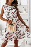 Fashion Elegant Floral Split Joint Flounce O Neck A Line Dresses