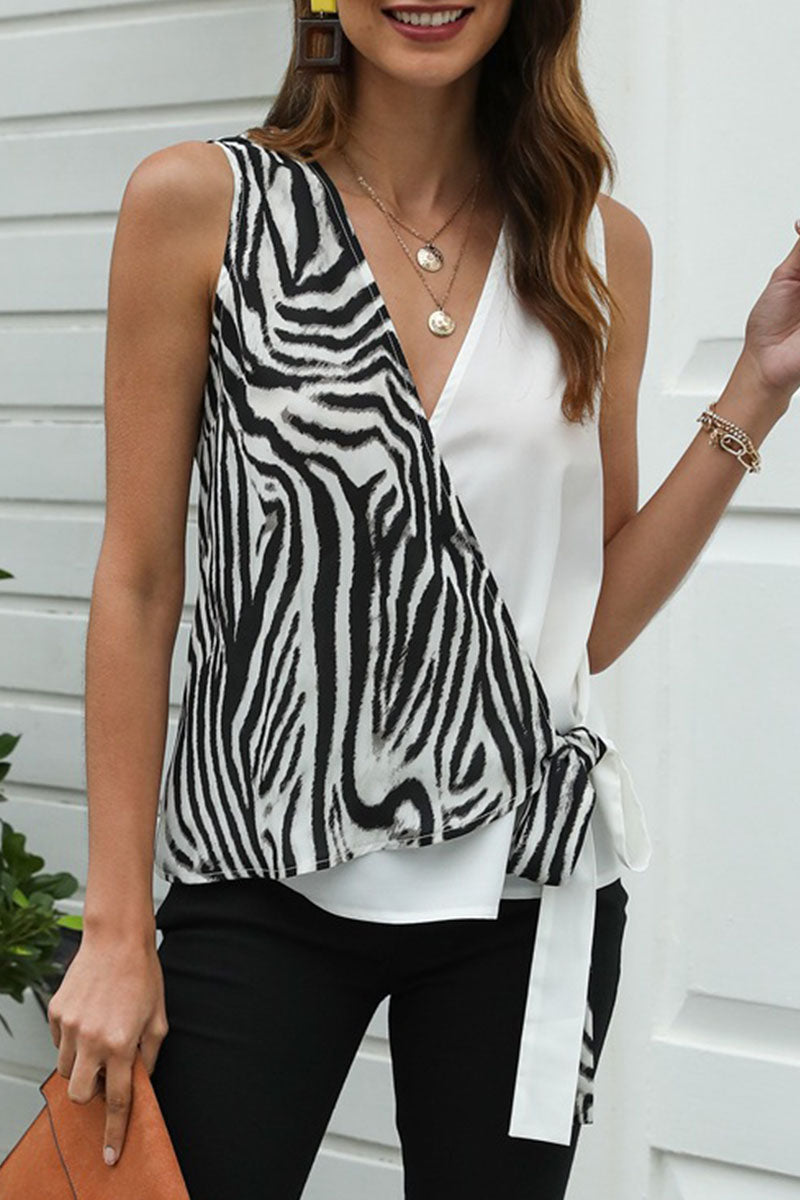 Fashion Elegant Print Patchwork V Neck Tops