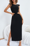 Fashion Elegant Solid Hollowed Out Slit O Neck Irregular Dress Dresses