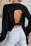 Fashion Casual Solid Hollowed Out Strap Design O Neck Tops Sweater