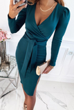 Fashion Elegant Solid Slit With Belt V Neck Wrapped Skirt Dresses(5 Colors)