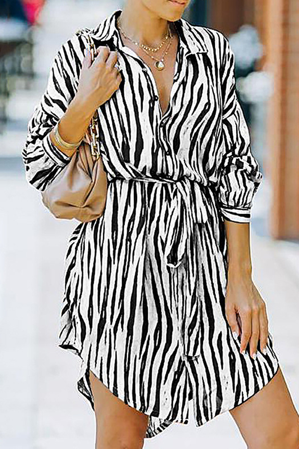 Fashion Casual Striped Buckle With Belt Turndown Collar Shirt Dress Dresses（7 colors）