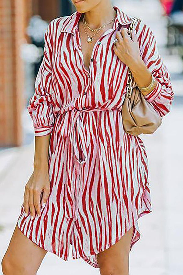 Fashion Casual Striped Buckle With Belt Turndown Collar Shirt Dress Dresses（7 colors）