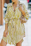 Fashion Casual Striped Buckle With Belt Turndown Collar Shirt Dress Dresses（7 colors）