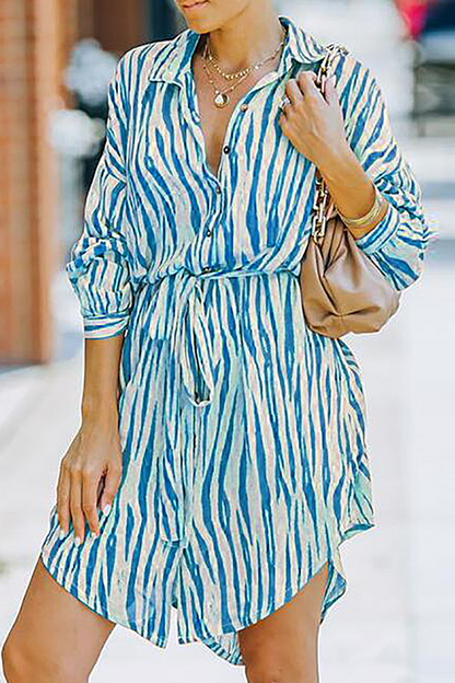 Fashion Casual Striped Buckle With Belt Turndown Collar Shirt Dress Dresses（7 colors）