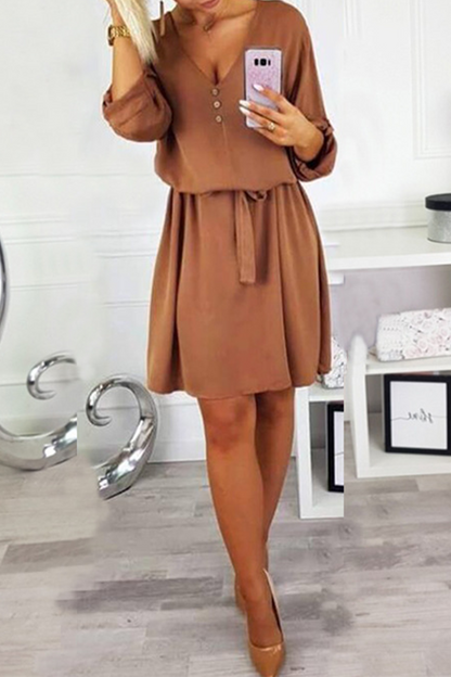 Fashion Casual Solid Buttons Strap Design V Neck Dresses