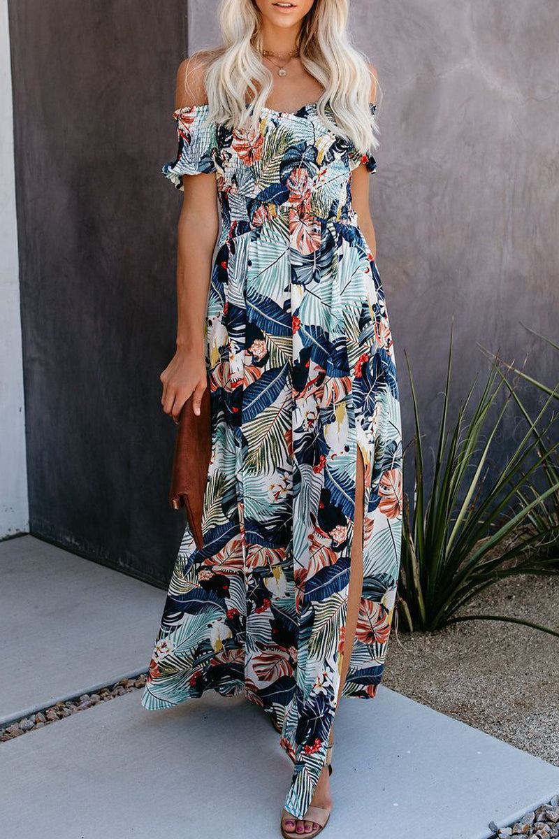 Elegant Vacation Floral Patchwork Off the Shoulder Printed Dress Dresses