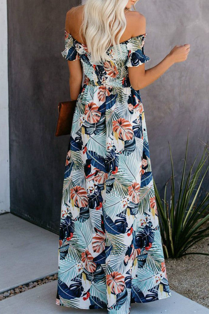 Elegant Vacation Floral Patchwork Off the Shoulder Printed Dress Dresses